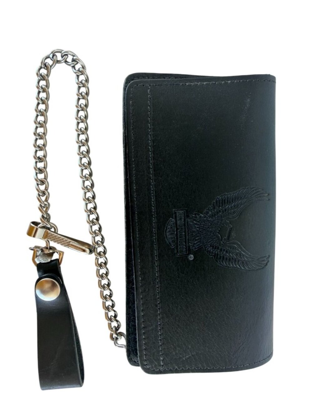 Harley-Davidson Black Leather Biker Trucker Wallet Embossed Eagle Bar & Shield +